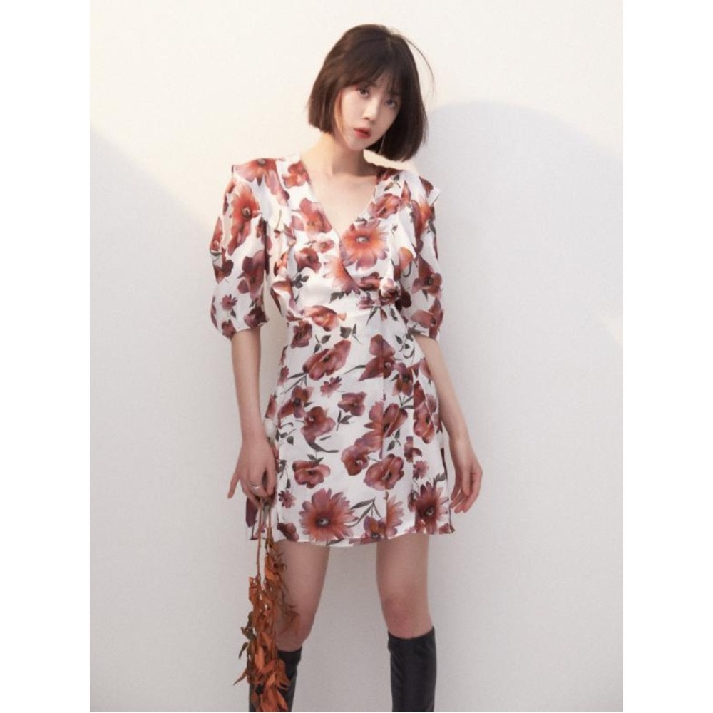 The Kooples Dress Silk Floral Print Wrap Mini Pink White Puff Sleeves Boho NWT - Picture 14 of 14